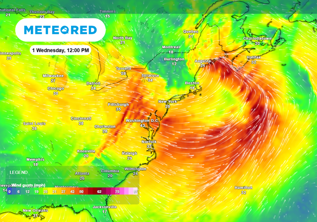 Wind gusts Wednesday afternoon along the East Coast could reach 45 mph.