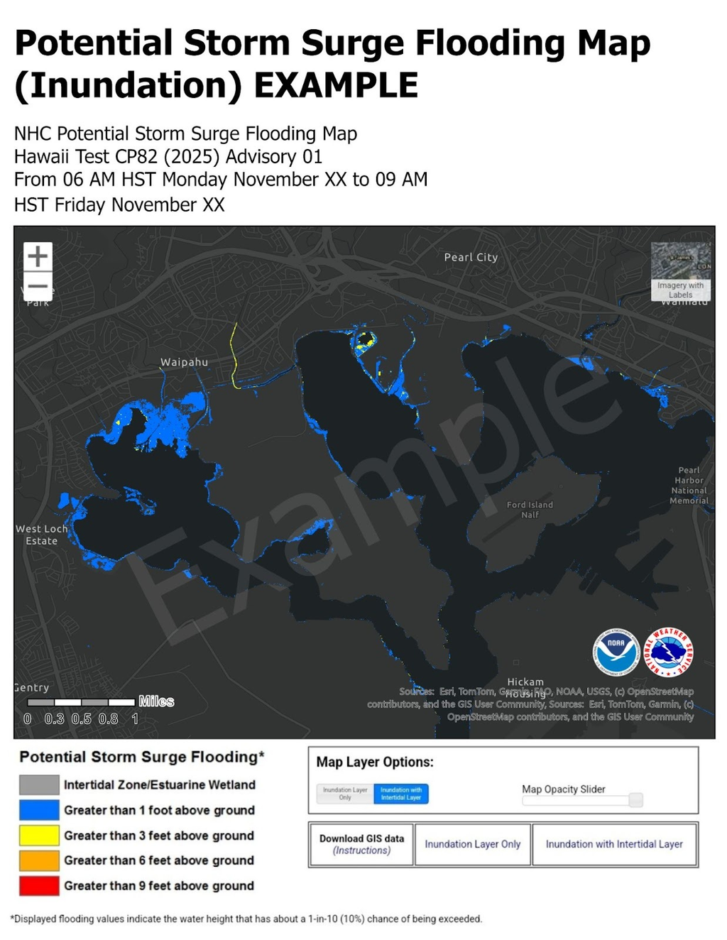 Ejemplo de 2026 de un nuevo gráfico de alerta y aviso de marejada ciclónica potencial para las islas hawaianas. Crédito de la imagen: Centro Nacional de Huracanes de la NOAA.