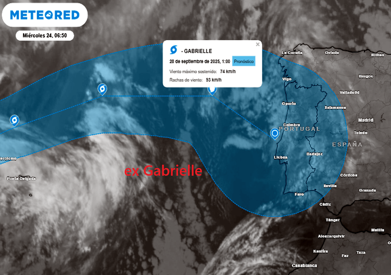 Imagen infrarroja del 24 de septiembre de 2025 a las 06:50 h.p. con las predicciones de la intensidad y cono de incertidumbre de ex-Gabriell frente y afectando a la Península para el 27-28 de septiembre de 2025. Tiempo.com
