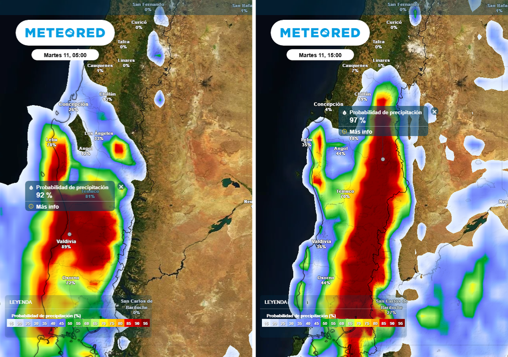 Martes (11) con lluvias entre Ñuble y Los Ríos, Chile, Meteored