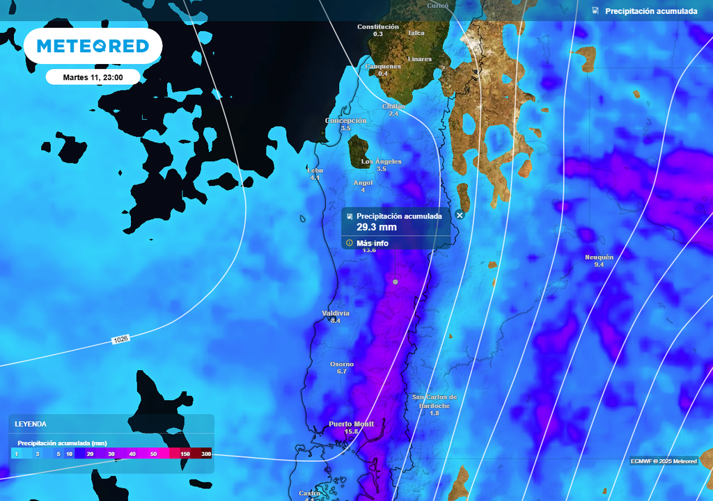 Martes 11 de noviembre 2025 con lluvias en Chile centro sur, Meteored