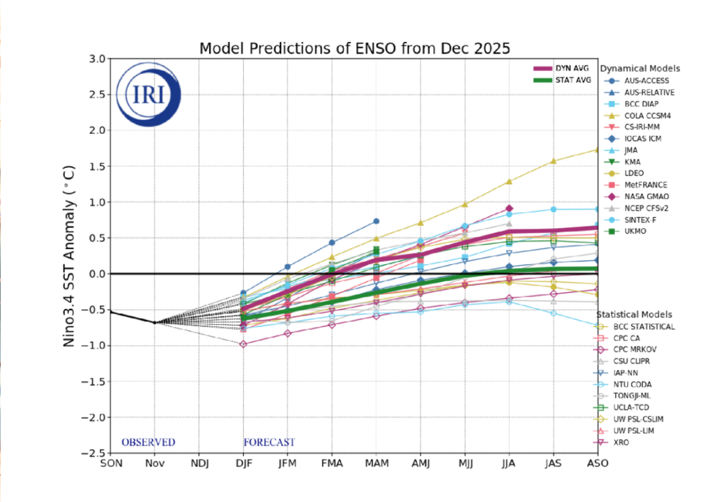 Las predicciones de los modelos múltiples del IRI muestran ENOS-neutral surgiendo entre enero y marzo de este años. Fuente: CENTRO DE PREDICCIONES CLIMÁTICAS/NCEP/NWS