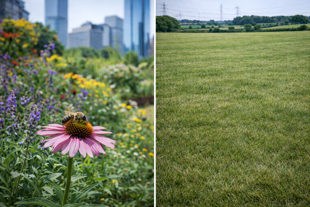 Contraste entre un jardín urbano con flores y polinizadores, y una pradera intensamente manejada, ecológicamente más pobre en biodiversidad.
