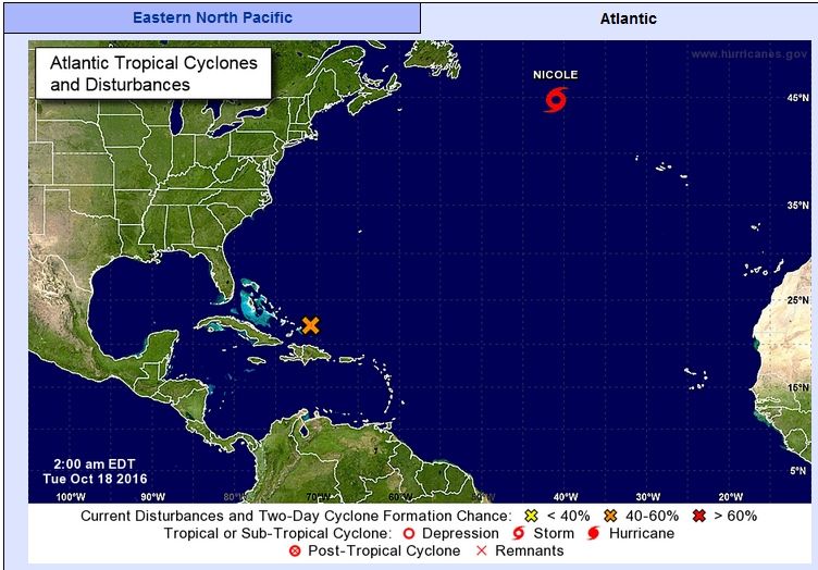A 18 de octubre de 2016, Nicole seguía siendo Tormenta Tropical y se situaba muy al norte