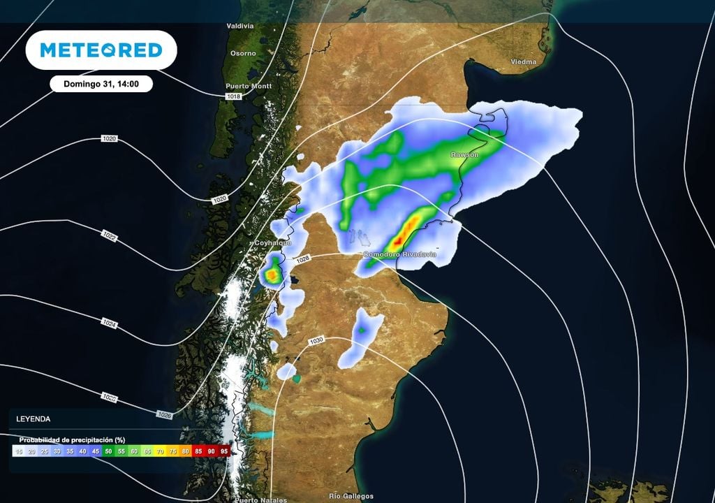 Domingo lluvias El domingo, el refuerzo de altas presiones sobre el sur de la Patagonia permite que viento del sector este aporte humedad desde el océano Atlántico con lluvias y lloviznas sobre el centro y noreste de la Patagonia.