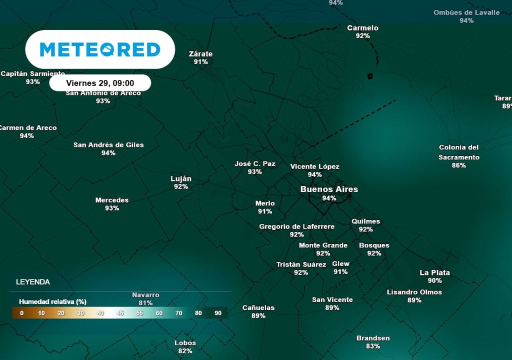 Humedad relativa Mapa de humedad relativa, de acuerdo con nuestro modelo de referencia, el ECMWF de Meteored. En el AMBA, el viernes a las 9 AM la humedad relativa estará por encima del 90 %.
