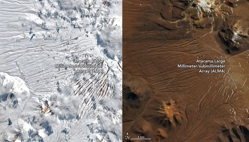 La primera imagen muestra una vista área sobre el desierto completamente cubierto el 14 de agosto, mientras que la imagen de la derecha muestra la misma vista área unos días antes (6 de agosto).