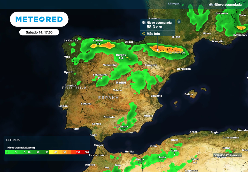 En zonas altas del Pirineo y de la Cordillera Cantábrica pueden acumularse más de 60-70 cm, incluso localmente rondarán el metro.
