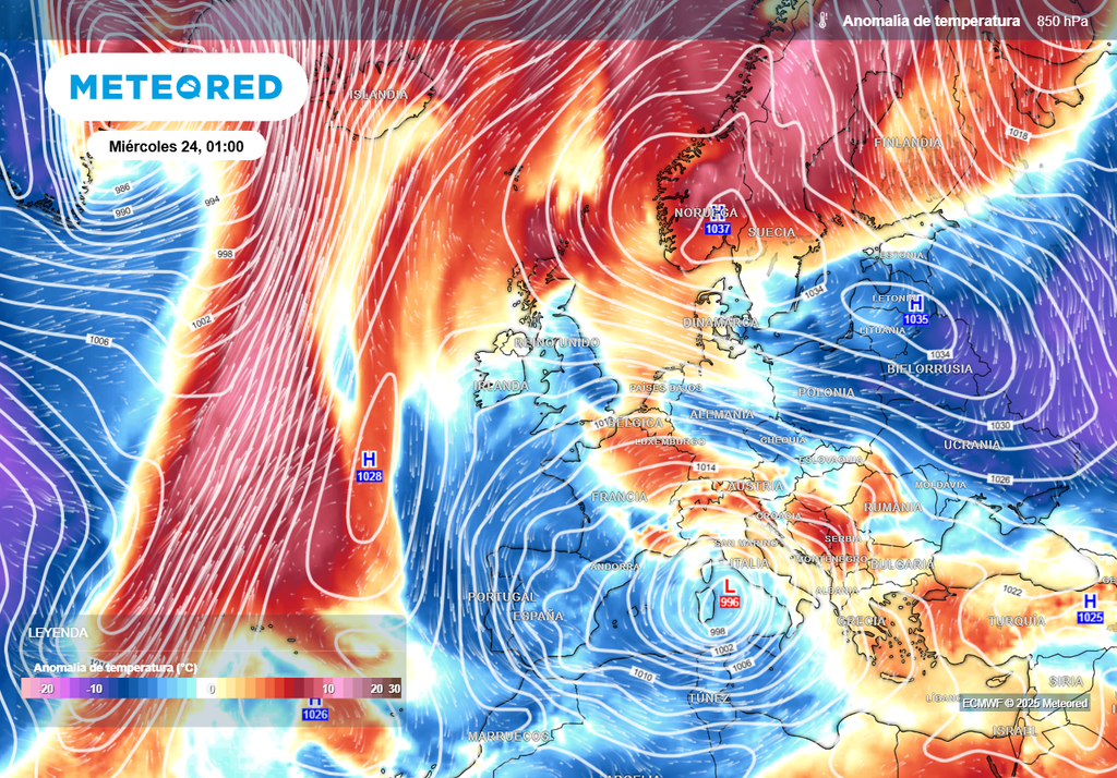 Anomalía de temperatura a 850 hPa