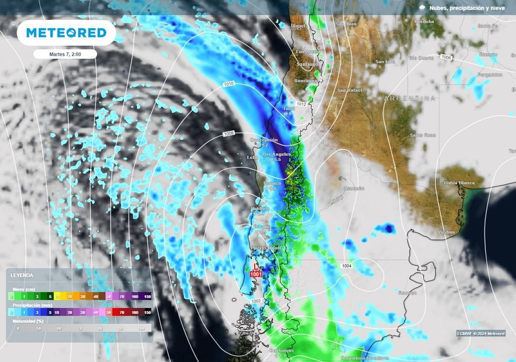 precipitaciones, nubes y presión modelo ECMWF