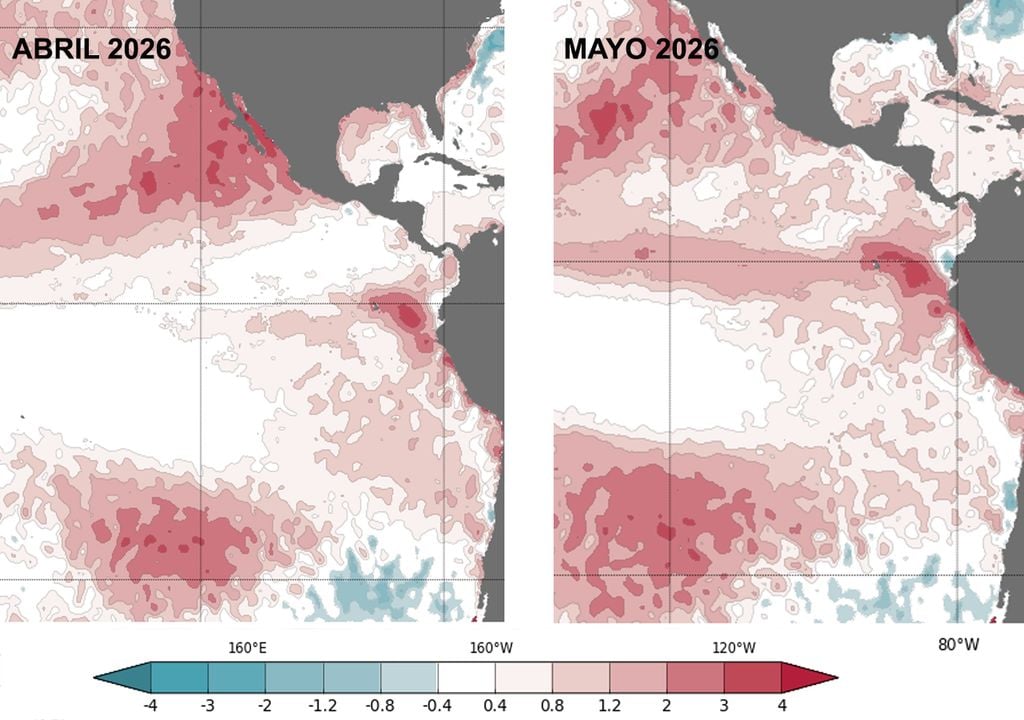 La imagen de la izquierda muestra las anomalías de temperatura superficial en abril 2026, y la de la derecha en mayo. Es notorio como el océano se está calentando. Fuente: BoM