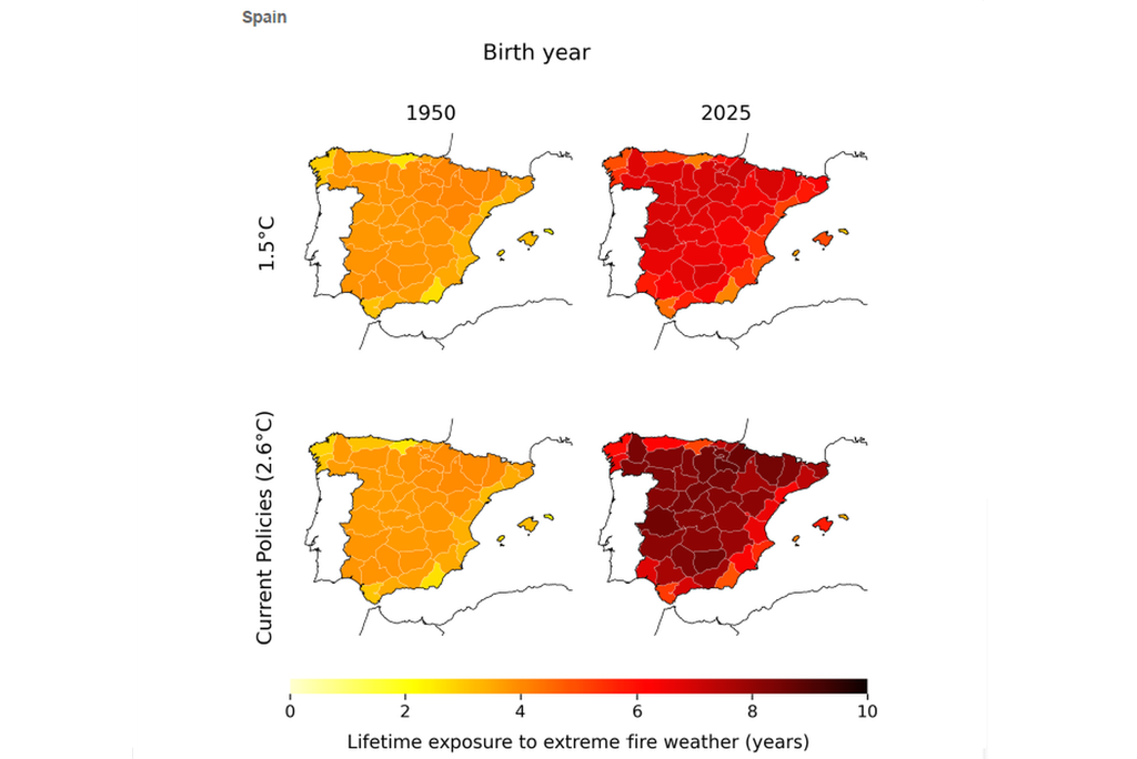 Mapa de España que indica la exposición a lo largo de la vida a condiciones meteorológicas extremas propicias para los incendios, expresada en años, para las personas nacidas en 1950 y las nacidas en 2025 en el marco de las trayectorias de calentamiento de 1,5 °C (fila superior) y de 2,6 °C (fila inferior), con las políticas actuales, previstas para finales de siglo. Mapa de España que indica la exposición a lo largo de la vida a condiciones meteorológicas extremas propicias para los incendios, expresada en años, para las personas nacidas en 1950 y las nacidas en 2025 en el marco de las trayectorias de calentamiento de 1,5 °C (fila superior) y de 2,6 °C (fila inferior), con las políticas actuales, previstas para finales de siglo. Fuente: R. Pietroiusti1 et al, 2026. Environmental Research Letters