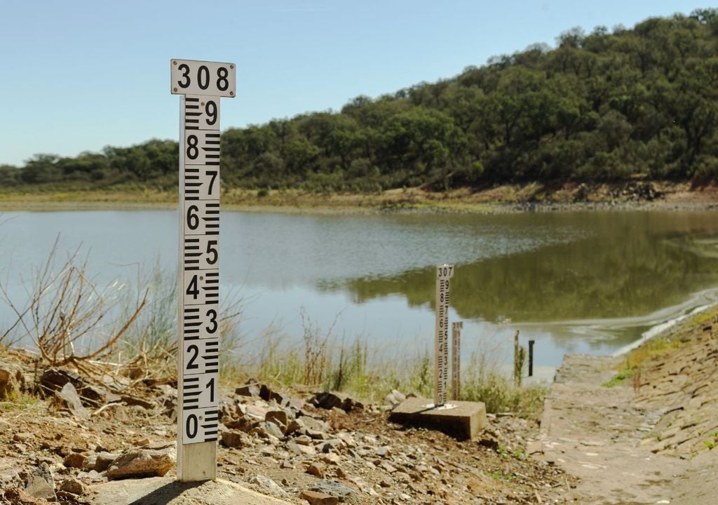 Medido blanco de nivel de embalse, fondo embalse con cerro plantado de árboles