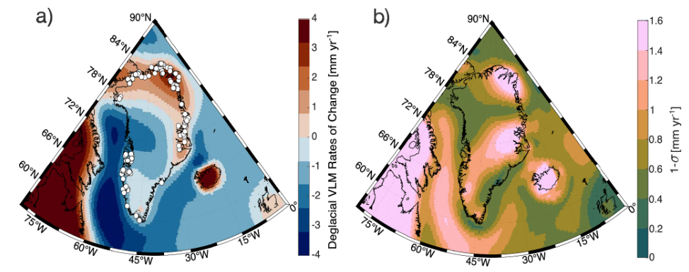 Promedio ponderado ( a ) e incertidumbre ponderada 1- σ ( b ) de la contribución deglacial a las tasas actuales de VLM. El promedio ponderado se obtiene a partir de 65 modelos GIA 3D. Los círculos blancos en ( a ) indican la ubicación de los puntos de datos relativos del nivel del mar del Holoceno tardío. Fuente: Lewright, L., et al. Nat Commun 17, 353 (2026). https://doi.org/10.1038/s41467-025-68182-6