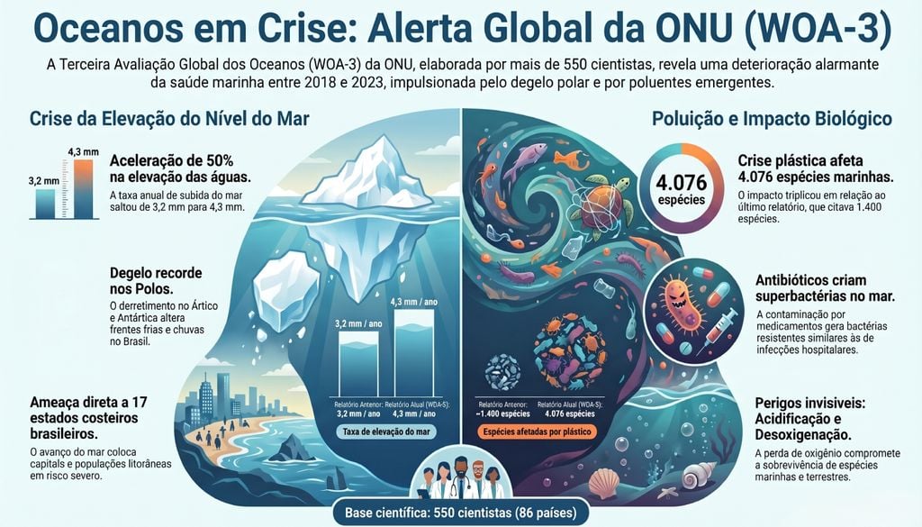 Estudo com participação de cientistas do Brasil e de Portugal revela cenário preocupante sobre a saúde dos oceanos. Foto: Ilustração Estudo com participação de cientistas do Brasil e de Portugal revela cenário preocupante sobre a saúde dos oceanos. Foto: Ilustração