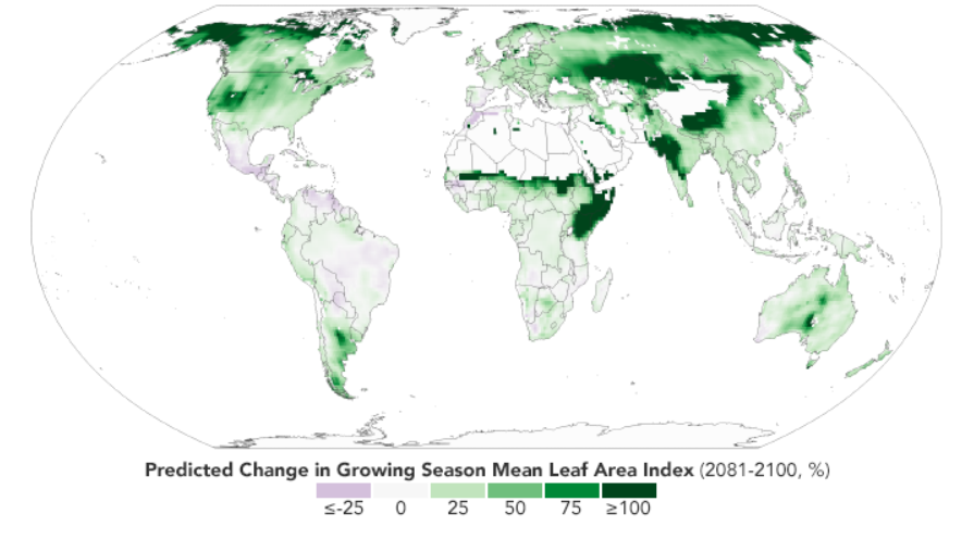 Proiezione sull'inverdimento globale tra il 2081 e il 2100 (in %). NASA.