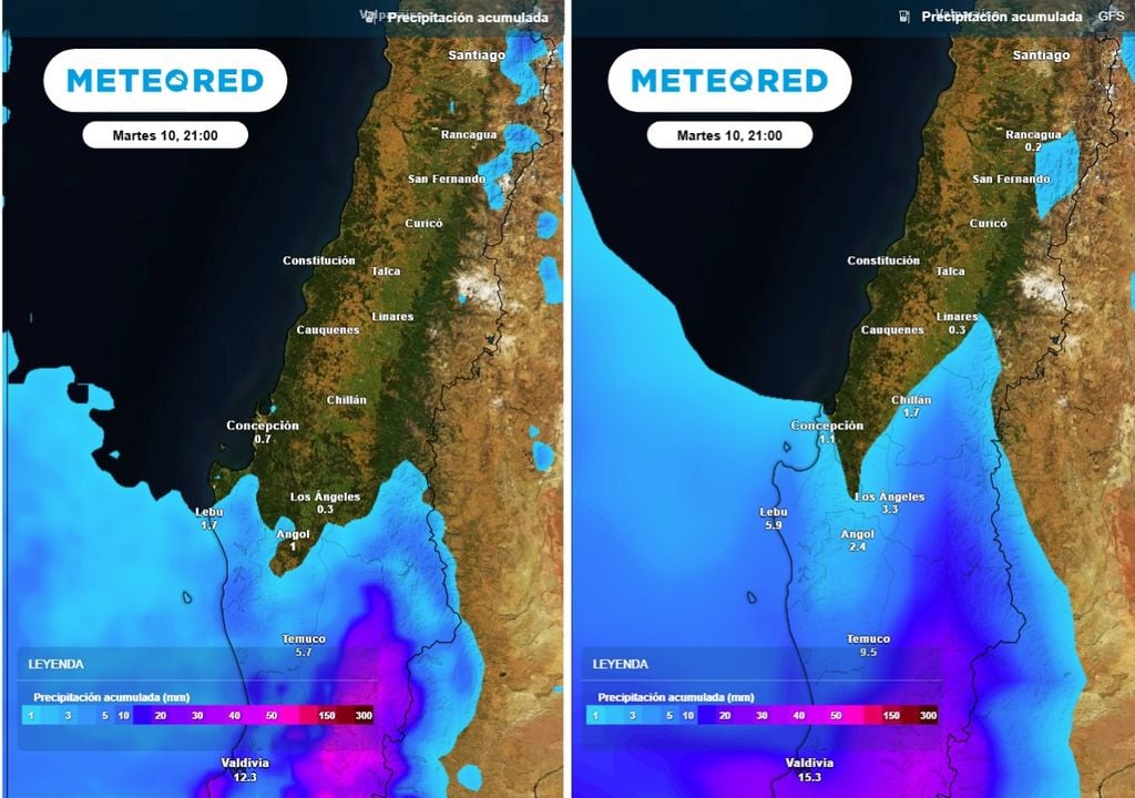 ¿Hasta dónde llegará la lluvia? Las diferencias entre el GFS y el ECMWF responden a la incertidumbre en el avance del sistema frontal y su alcance hacia la zona central.