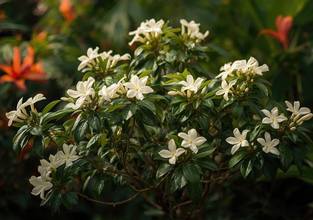 El jazmín árabe (Jasminum sambac) es otra especie ideal para macetas: sus flores blancas liberan un perfume intenso que puede aromatizar patios y balcones.
