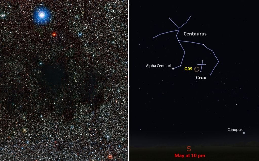 A la izquierda, parte de la nebulosa Saco de Carbón y la derecha, se observa su mapa estelar representando la vista desde latitudes medias del sur para el mes y la hora indicados. Créditos: ESO | NASA