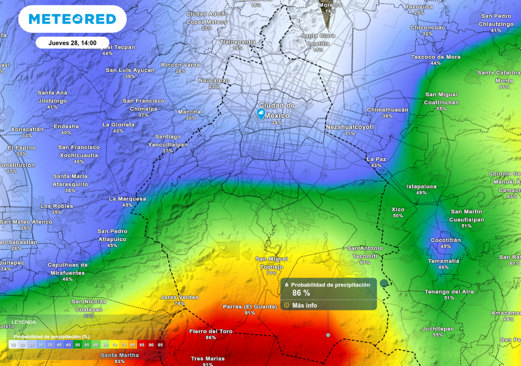 pronostico; el tiempo; tormentas; inestabilidad; CDMX La mayor probabilidad de lluvias las primeras horas de esta tarde se concentrarán en el sur de la capital.
