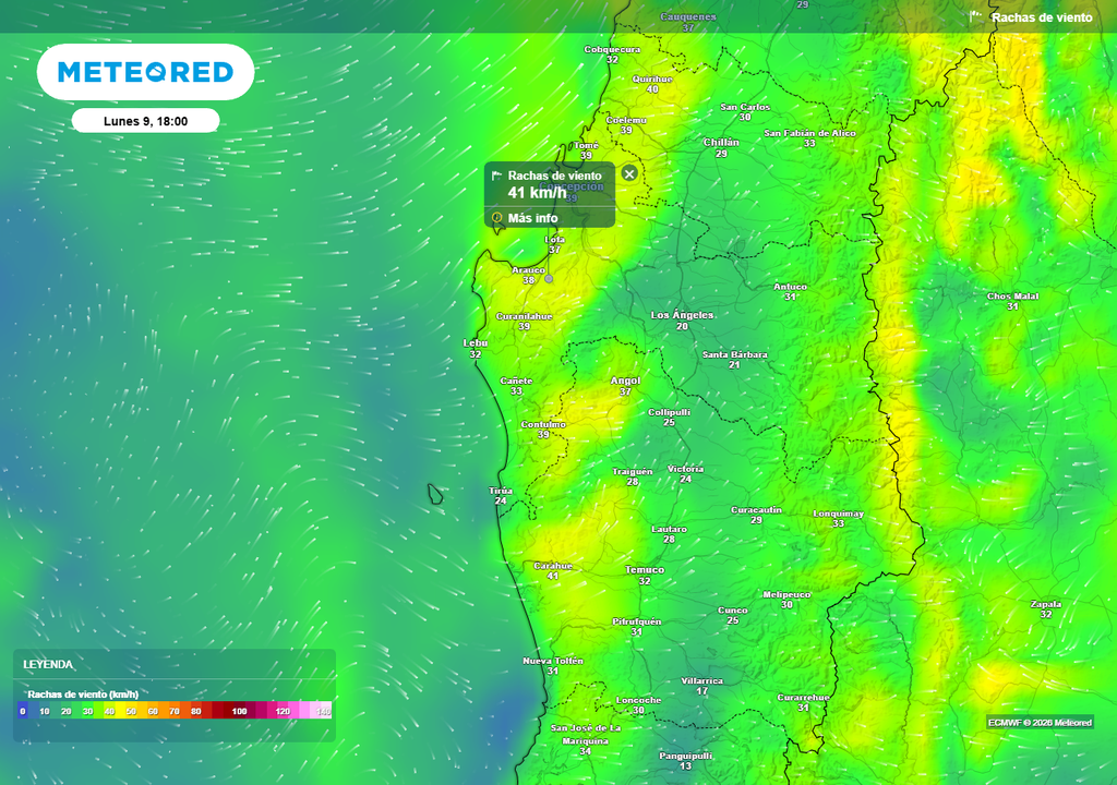 Rachas de viento (km/h) para la tarde del lunes 09 de marzo 2026 en las regiones de Ñuble, Biobío y La Araucanía.