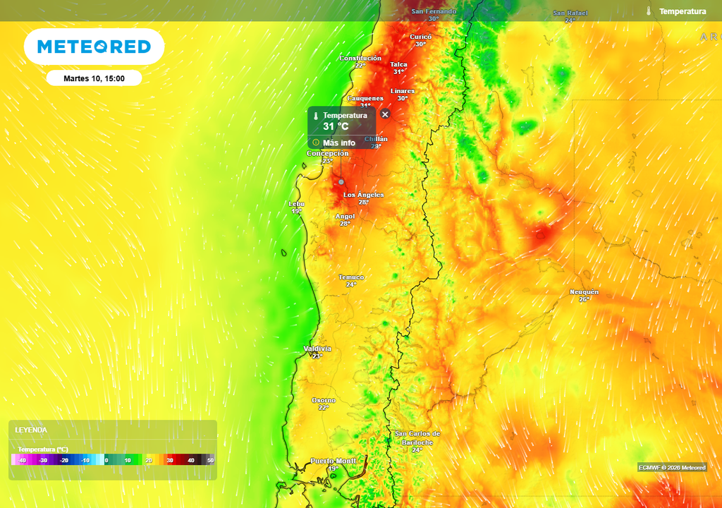 Temperatura máxima (°C) para el martes 10 de marzo 2026 en el centro-sur de Chile.