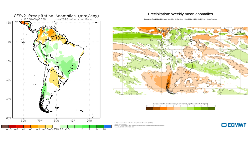 Las anomalías muestran una probabilidad para las lluvias sobre el promedio, pero a escala semanal, la escasez de lluvia prevalece en el fin de junio y comienzo de julio.