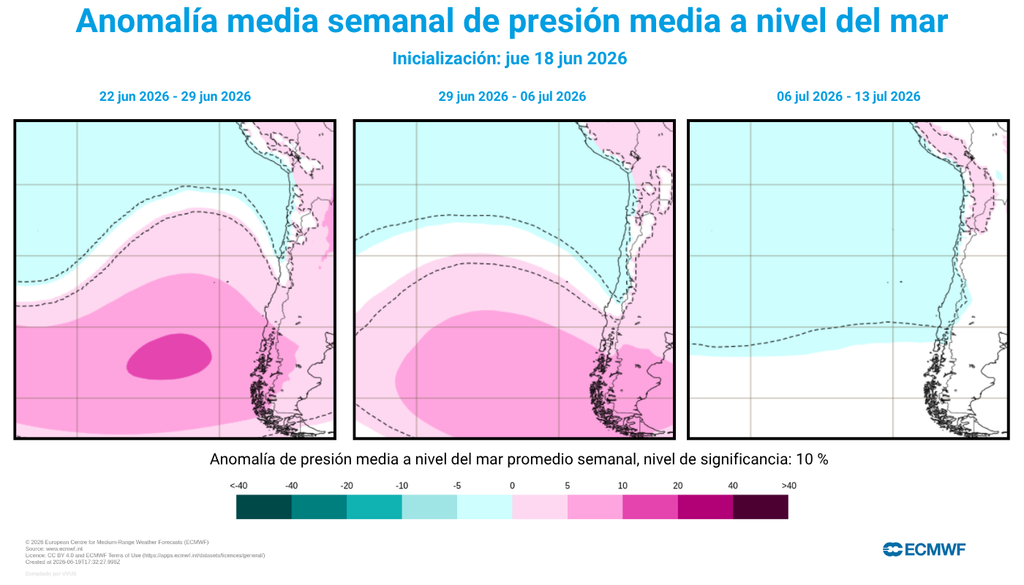 Por las próximas dos semanas, las altas presiones dominarán frente a Chile, dificultando el avance de sistemas frontales hacia el continente.