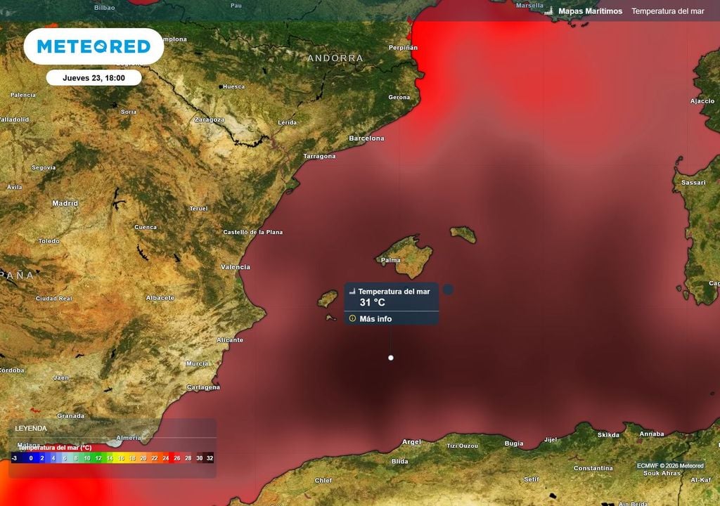 Nei prossimi giorni la temperatura superficiale del mare tornerà a superare i 30 °C nel Mediterraneo occidentale, raggiungendo fino a 31 °C in mare aperto a sud delle Baleari.