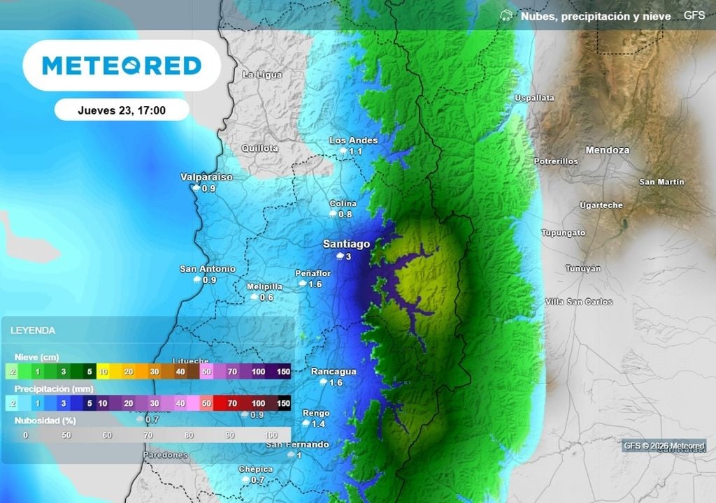 Precipitaciones en Santiago Modelo GFS coincide con las lluvias para Santiago: llegarían desde la tarde y noche del jueves.