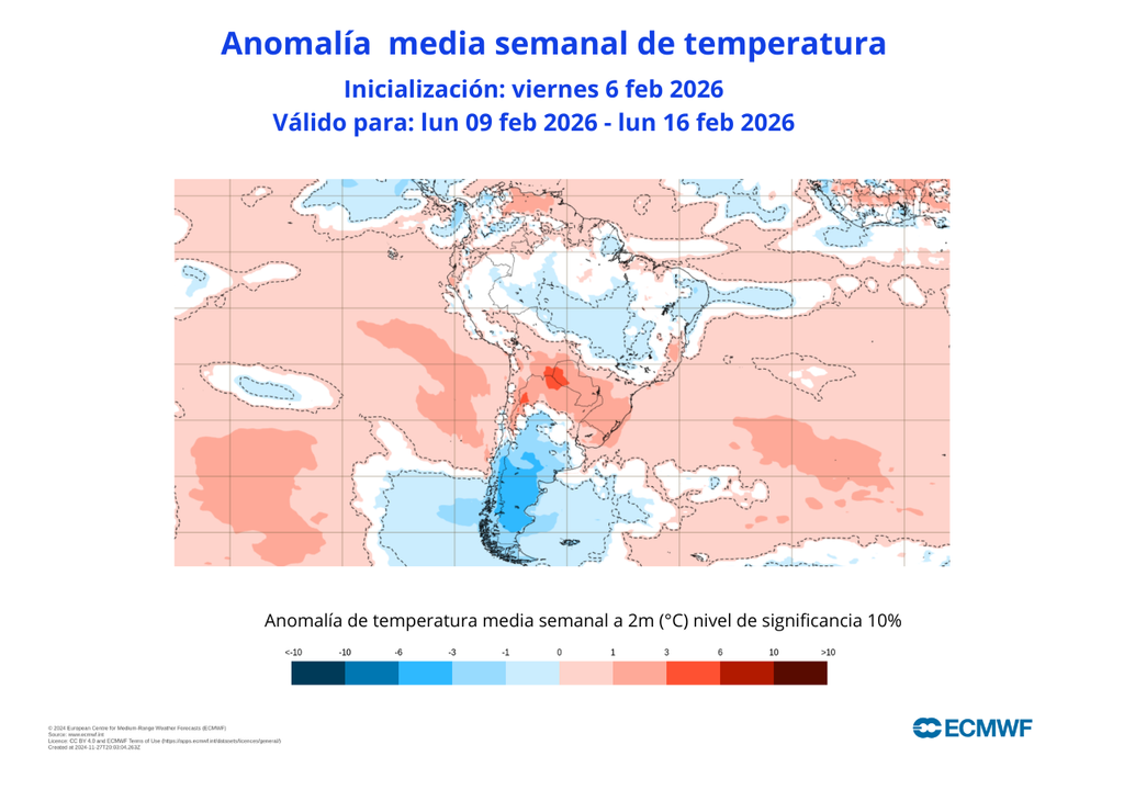 Anomalías de temperaturas para la próxima semana muestran un comportamiento de bajo lo normal a normal en zonas del sur y centro de Chile.