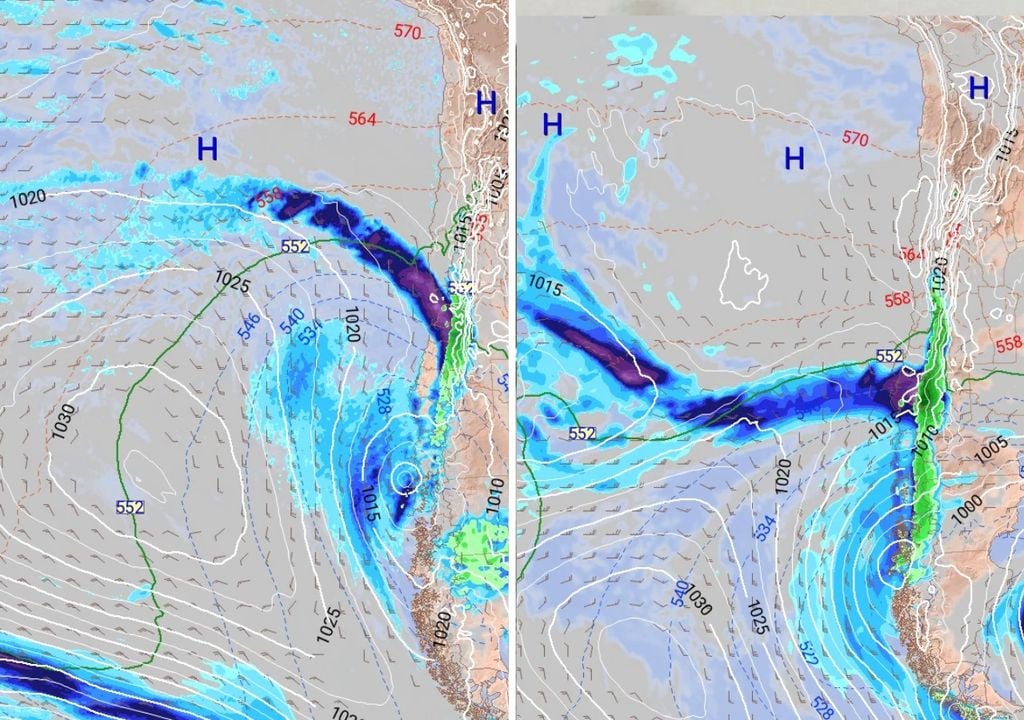 Modelo europeo (imagen izquierda) muestra precipitaciones importantes el próximo sábado (13), pero el GFS prevé un evento acotado, en la cordillera metropolitana