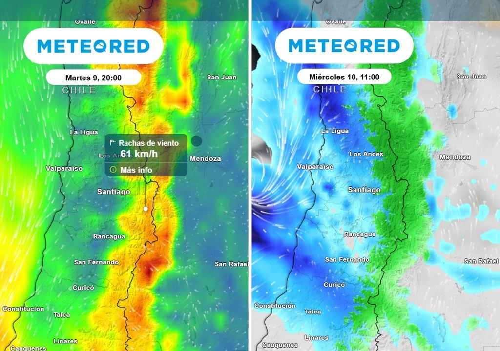 El martes se incrementa el viento principalemnete en la cordillera y el miércoles vuelven las lluvias a la Región Metropolitana, según el ECMWF.