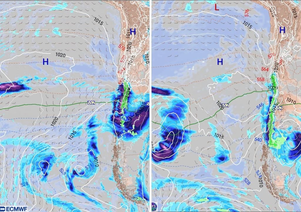 Precipitaciones Tanto el modelo ECMWF (imagen izquierda) como el GFS norteamericano (imagen derecha) prevén lluvias en Santiago finalizando la próxima semana.