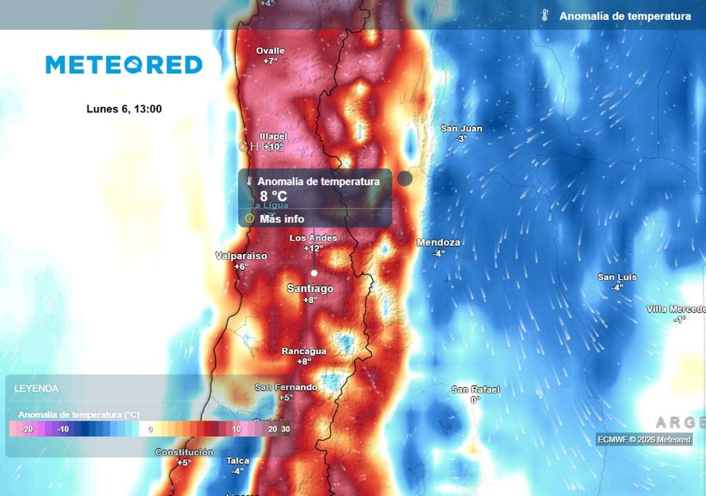 Anomalías térmicas El ECMWF prevé un arranque de semana en Santiago con registros de temperaturas sobre lo normal para la época.