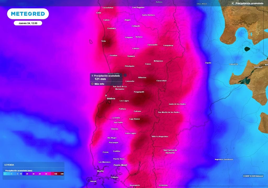 mapa de lluvia acumulada. Las lluvias seguirán acumulando más de 100 mm en sectores del sur, mientras la isoterma cero se mantiene elevada.