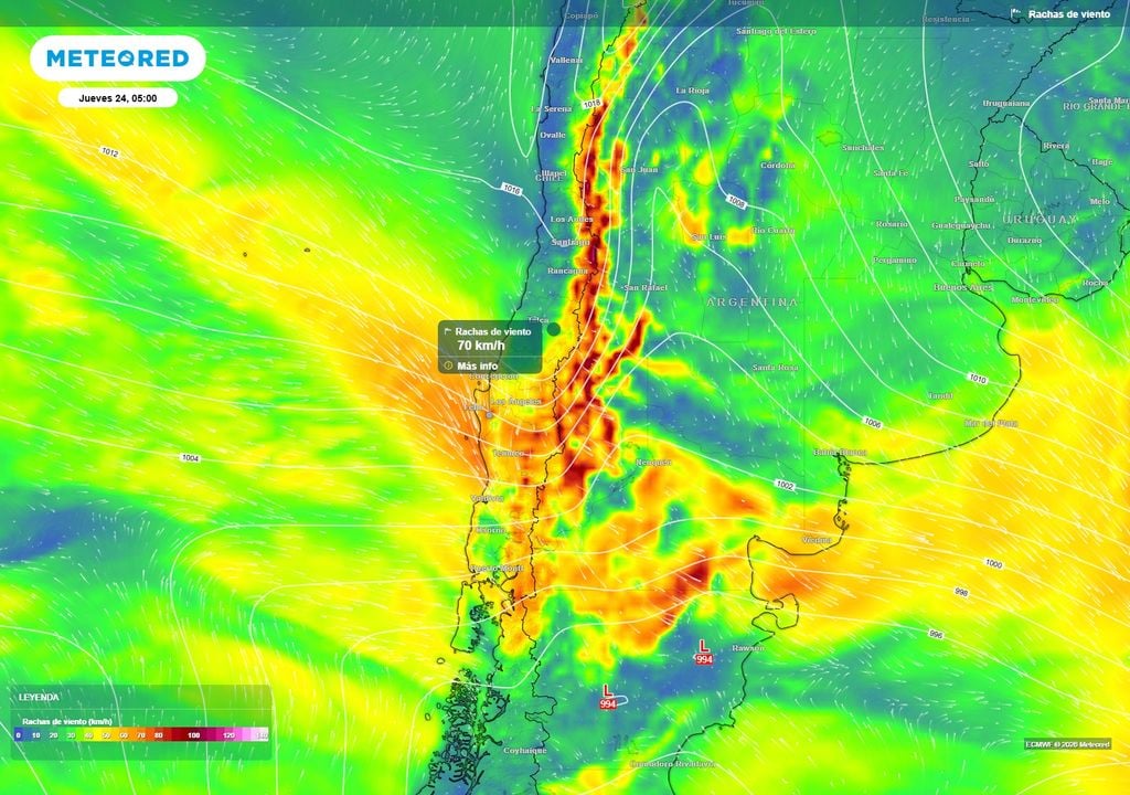 mapa de rachas de viento. Las rachas de viento podrían alcanzar 70 km/h entre Ñuble y Los Lagos, especialmente en sectores costeros, durante el paso del sistema frontal.