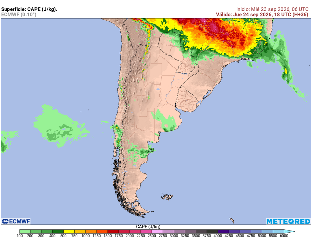 mapa de CAPE. El modelo ECMWF muestra inestabilidad atmosférica sobre sectores del sur de Chile durante el jueves, condición que podría favorecer el desarrollo de chubascos y tormentas eléctricas de manera local.
