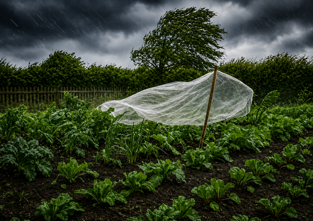 El uso de mallas y coberturas temporales ayuda a reducir los daños provocados por lluvias intensas y fuertes ráfagas de viento, protegiendo el desarrollo de los cultivos.