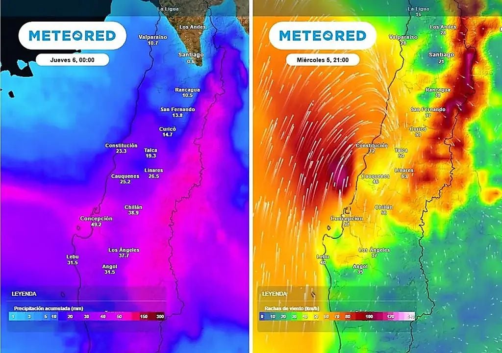 Sistema frontal que comenzó el 5 de agosto en la zona central con intensas precipitaciones y fuertes ráfagas de viento, afectando especialmente las regiones del Maule, Ñuble y Biobío.