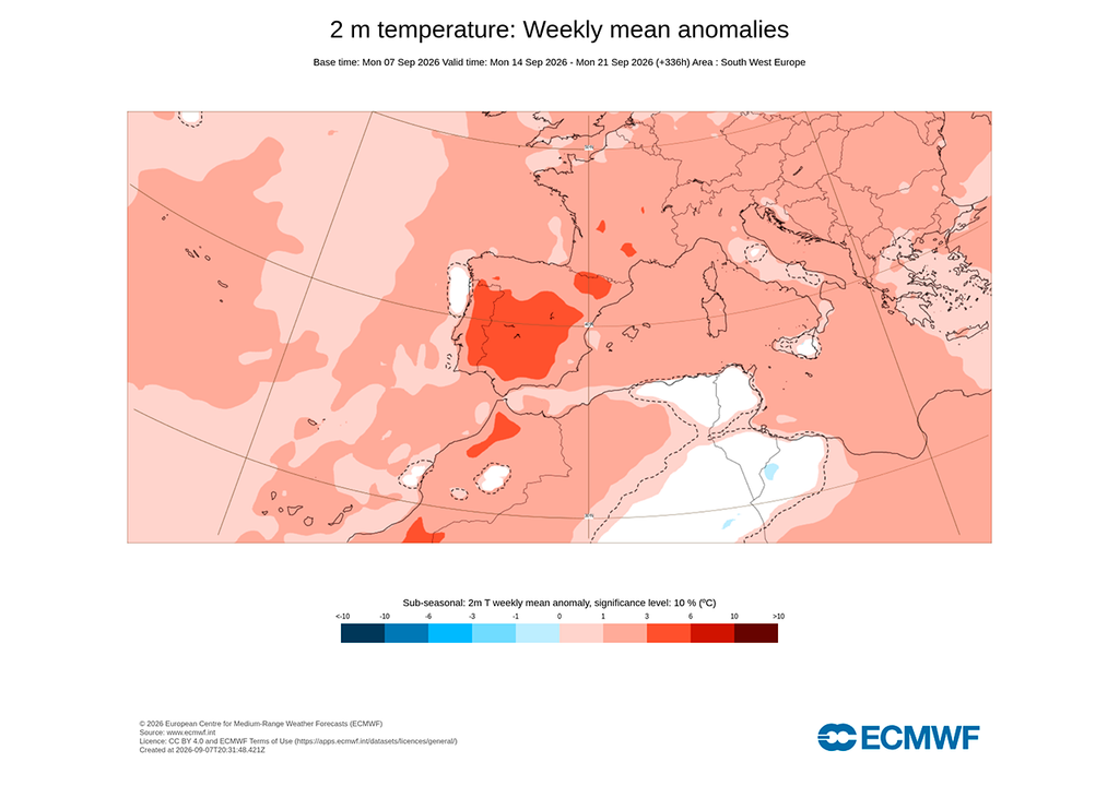 Anomalía de temperatura prevista entre el 7 y el 14 de septiembre en el suroeste de Europa.