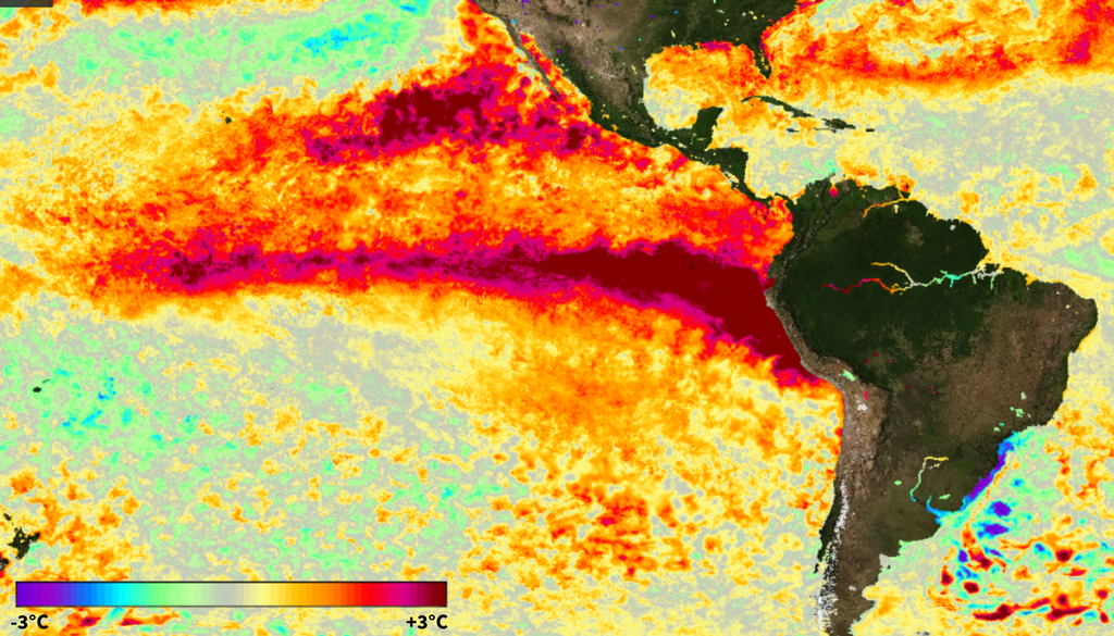 Anomalias de temperatura da superfície do mar em 8 de julho de 2026 ultrapassam 3°C em uma ampla área. Créditos: Adaptada da NASA Overview pela Meteored. Anomalias de temperatura da superfície do mar em 8 de julho de 2026 ultrapassam 3°C em uma ampla área. Créditos: Adaptada da NASA Overview pela Meteored.
