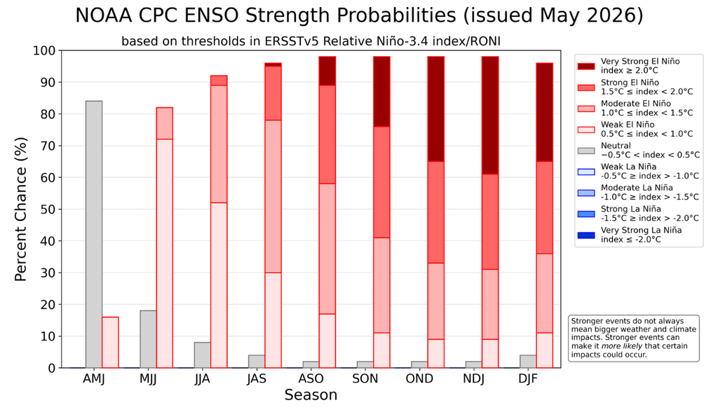 Probabilidades de intensidad de ENSO emitidas por NOAA/CPC en mayo de 2026, basadas en el índice relativo Niño 3.4/RONI. El gráfico muestra un aumento progresivo de las probabilidades de El Niño hacia la primavera y el verano austral, aunque la intensidad máxima aún mantiene incertidumbre. Crédito: NOAA/CPC.