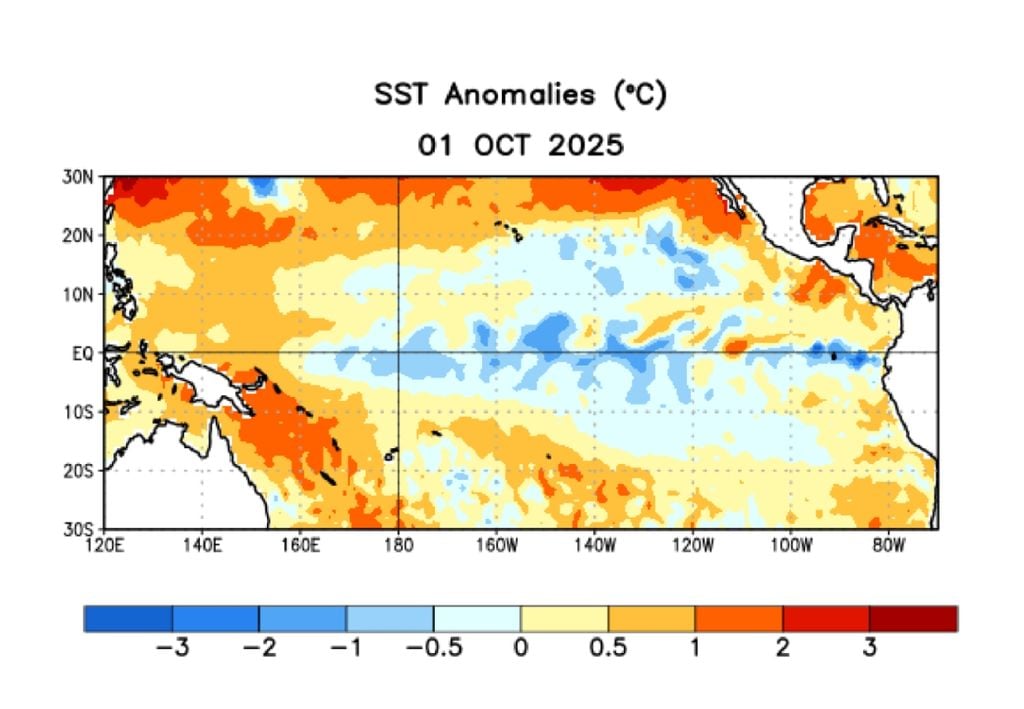 Anomalias de temperatura da superfície do mar médias centradas na semana do dia 1° de outubro. Créditos: CPC/NOAA. Anomalias de temperatura da superfície do mar médias centradas na semana do dia 1° de outubro. Créditos: CPC/NOAA.