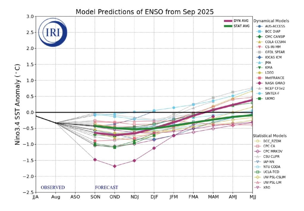 Previsão dos modelos estatísticos e dinâmicos do ENOS. Créditos: CPC/NOAA. Previsão dos modelos estatísticos e dinâmicos do ENOS. Créditos: CPC/NOAA.