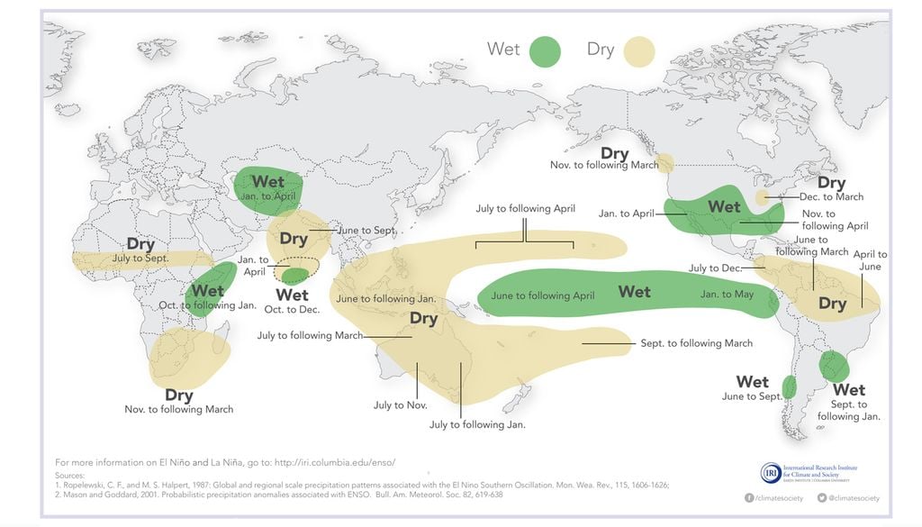 Las condiciones El Niño son conocidas por modificar los patrones globales de precipitación. El mapa muestra las zonas donde potencia excesos (verde) y déficit (ocre) de precipitación en todo el planeta.