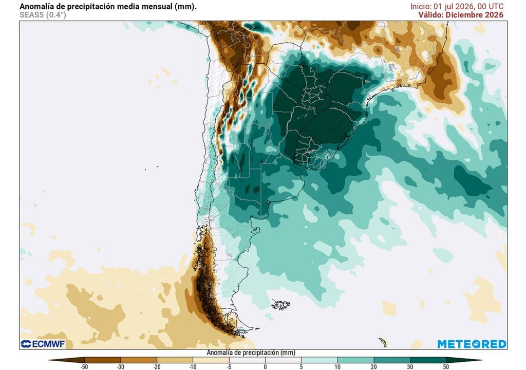 Los meses del verano, en particular diciembre y enero, serán los más complejos en cuanto a anomalías de precipitaciones. En este mapa, las anomalías de precipitación de diciembre muestran el alcance espacial de la distribución de los excesos de lluvias.