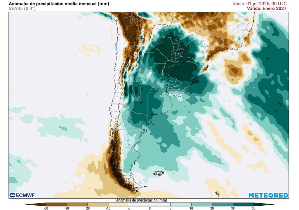 Las anomalías de precipitación de enero 2027 muestran un patrón muy similar a diciembre 2026. El impacto en ríos y arroyos de la cuenca del Plata será significativo.