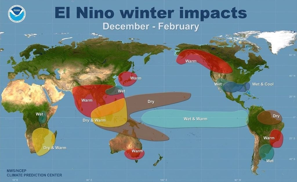 Cambios típicos en los patrones climáticos que se experimentan en todo el mundo durante el punto álgido de El Niño. Crédito: NOAA-NWS