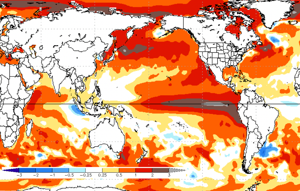 Pronóstico de anomalías de temperatura superficial del mar para el trimestre julio-agosto-septiembre del NMME. Fuente: NOAA-CPC.